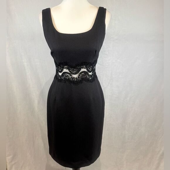 Vintage Maggy London gorgeous black dress with see through lace waist size 4 - Picture 1 of 5
